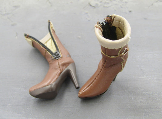 Heart King - Brown High Heeled Boots w/Zip Up Sides (Peg Type)