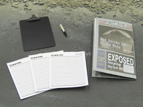 Lucius Fox - Clip Board w/Paper, Pen, & Newspaper