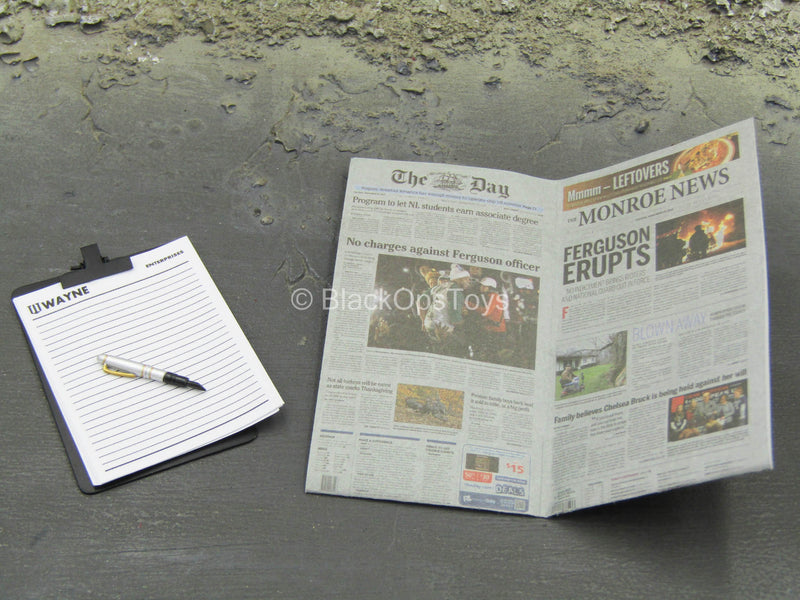 Load image into Gallery viewer, Lucius Fox - Clip Board w/Paper, Pen, &amp; Newspaper
