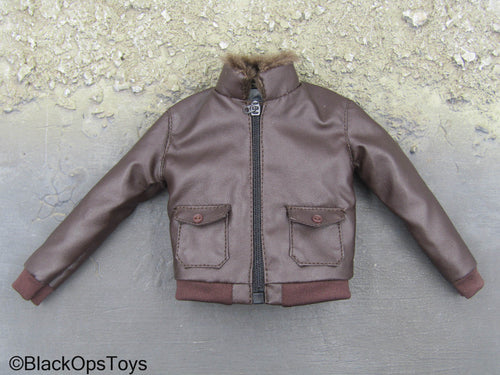 Maverick - Detailed Brown Leather Like Jacket w/Bag & Patch Set