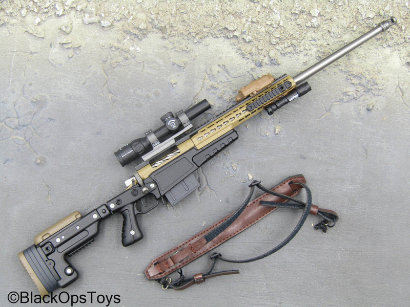 Load image into Gallery viewer, Black &amp; Tan Bolt Action Sniper Rifle w/Leather Like Sling
