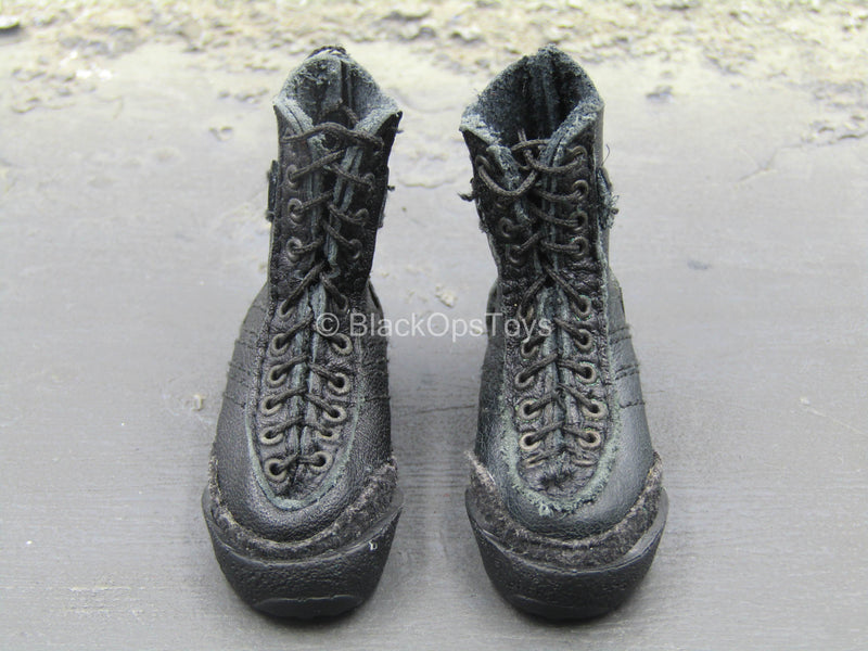 Load image into Gallery viewer, Black Leather Like Combat Boots
