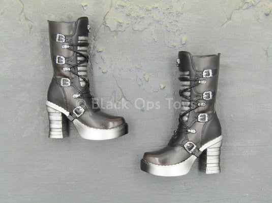 Spade 6 Ada - Black & Silver Platform Heel Boots (Peg Type)