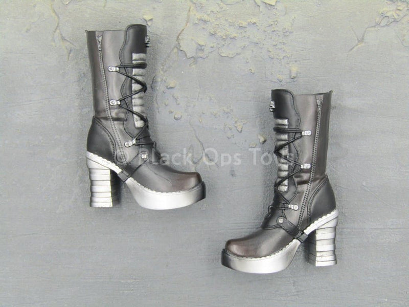 Load image into Gallery viewer, Spade 6 Ada - Black &amp; Silver Platform Heel Boots (Peg Type)
