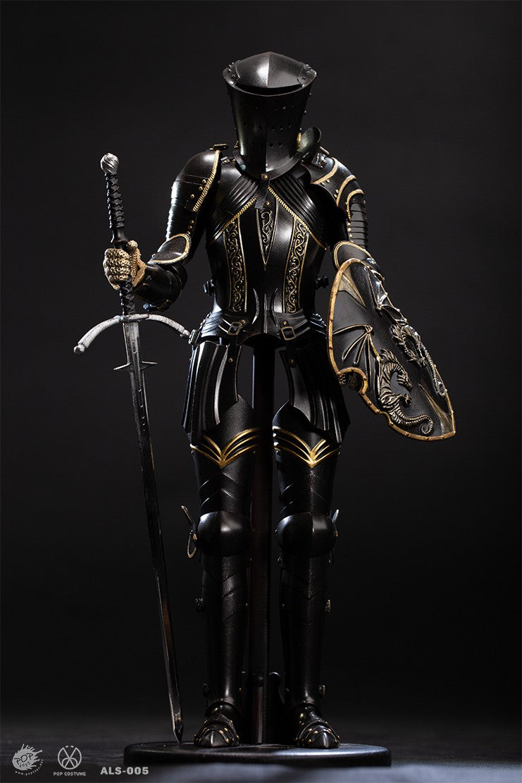 Load image into Gallery viewer, Dragon Knight - Black &amp; Gold Colored Metal Female Greaves
