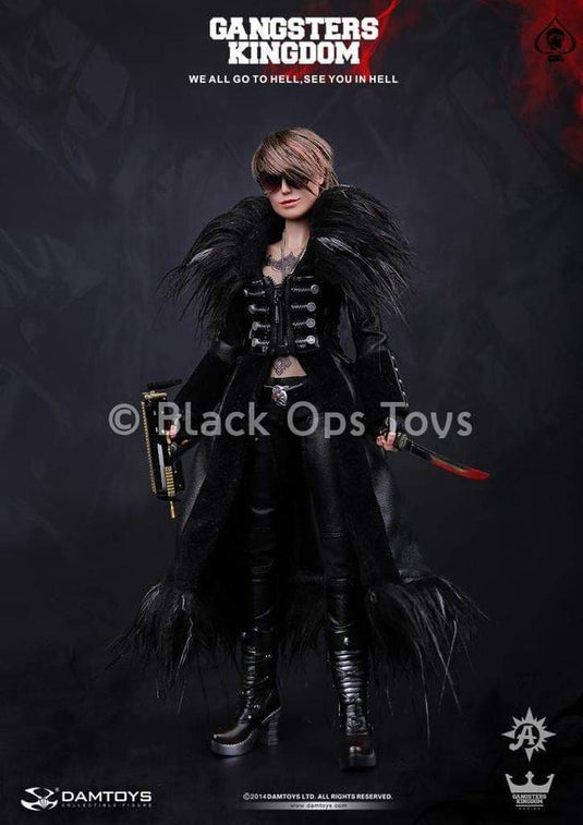 Spade 6 Ada - Black Leather Like Coat w/Feathered Trim
