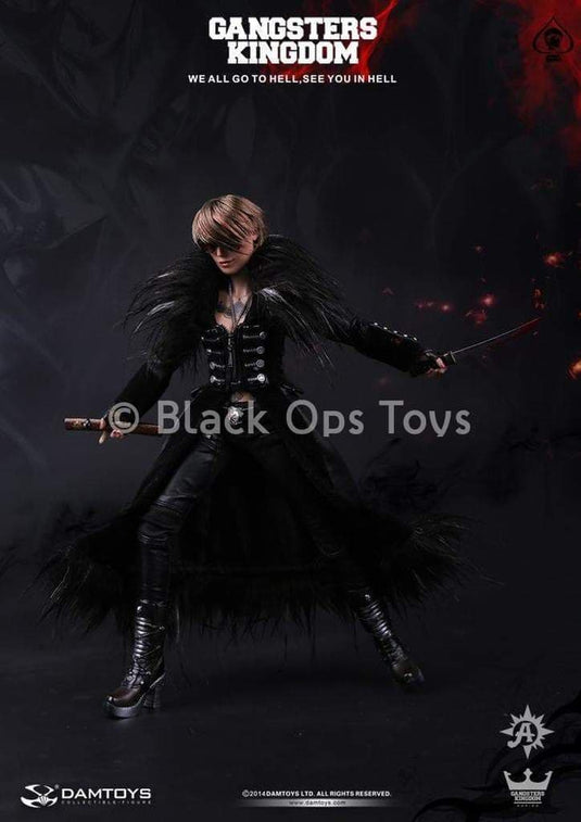 Spade 6 Ada - Black Leather Like Coat w/Feathered Trim